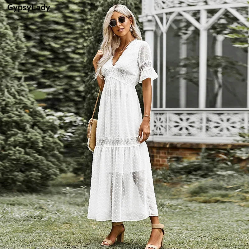 GypsyLady White Lace Fairy Maxi Women Dress Dobby Chiffon Vintage Summer Holiday Dresses Flare Sleeve Chic Ruffle Lady 2XL Dress