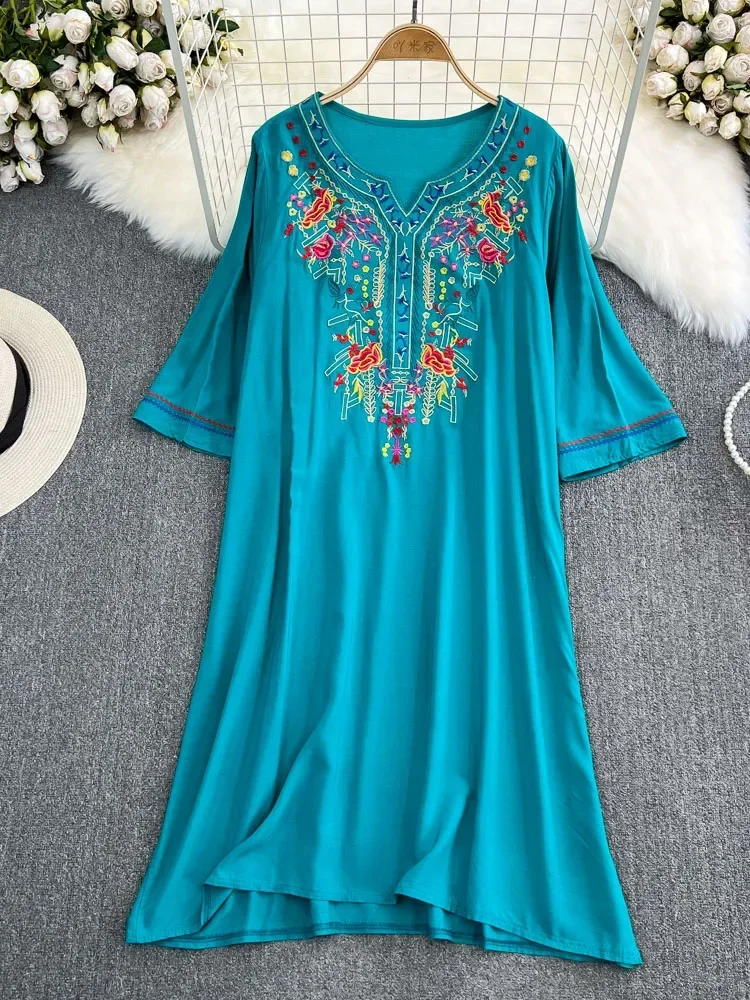 Women Summer Dress Vintage Bohemian Ethnic Style Embroidery Exotic Style Long Sleeve V-Neck Loose Elegant A-line Dress D5039