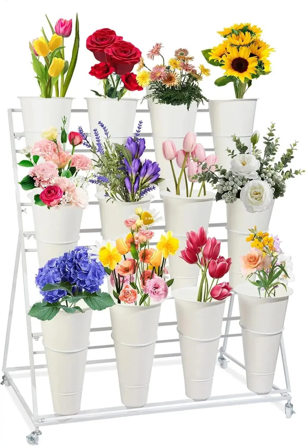 Flower Display Stand,Moving Florist Bouquet Shelf for Fresh Flower Shop,Patio Garden, Outdoor Flower (White Frame-White Bucket)