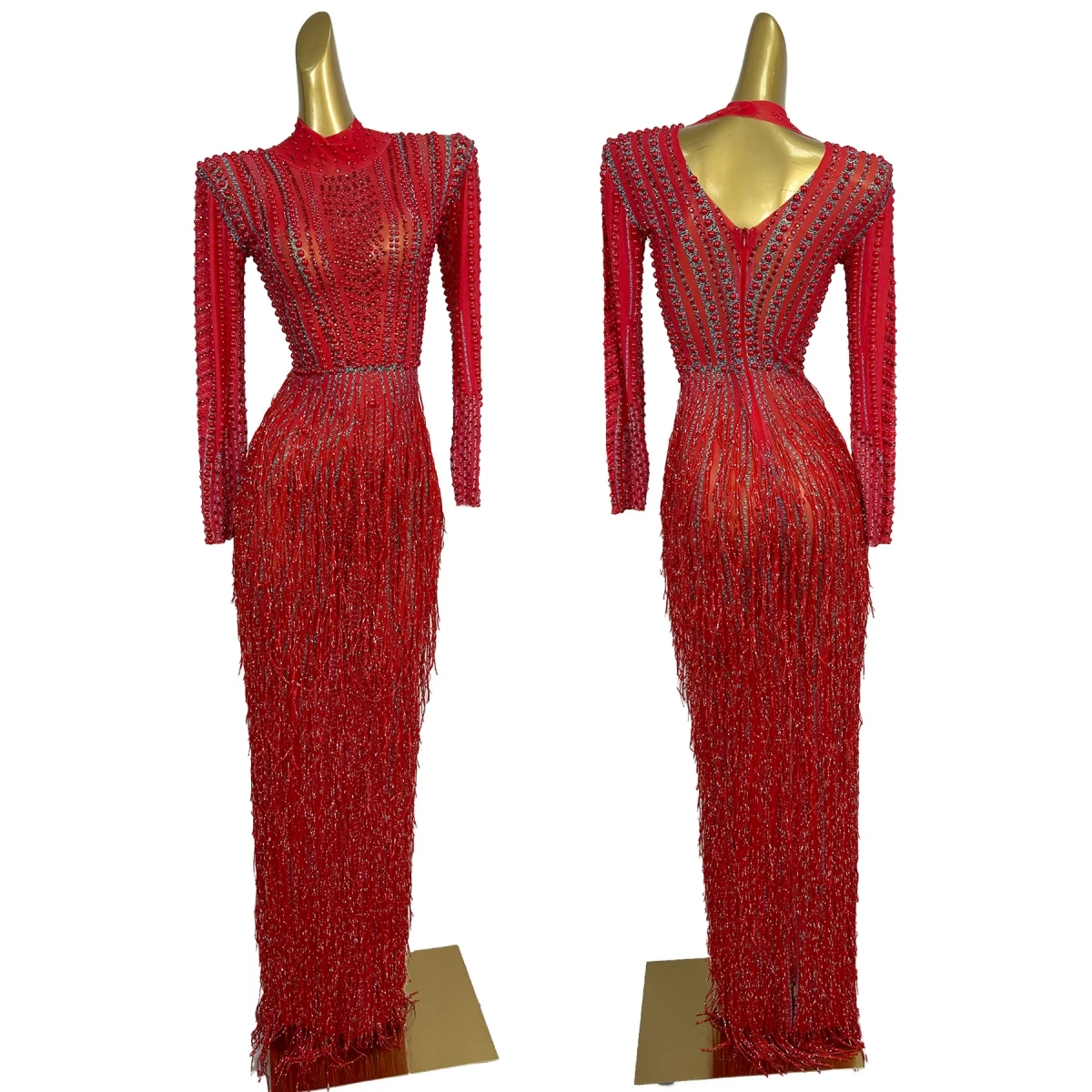 

Women Sexy Shiny Crystals Tassel Long Dress Elegant Prom Evening Gown Event Party Nightclub Birthday Party Dress Shutiaozhenzhu