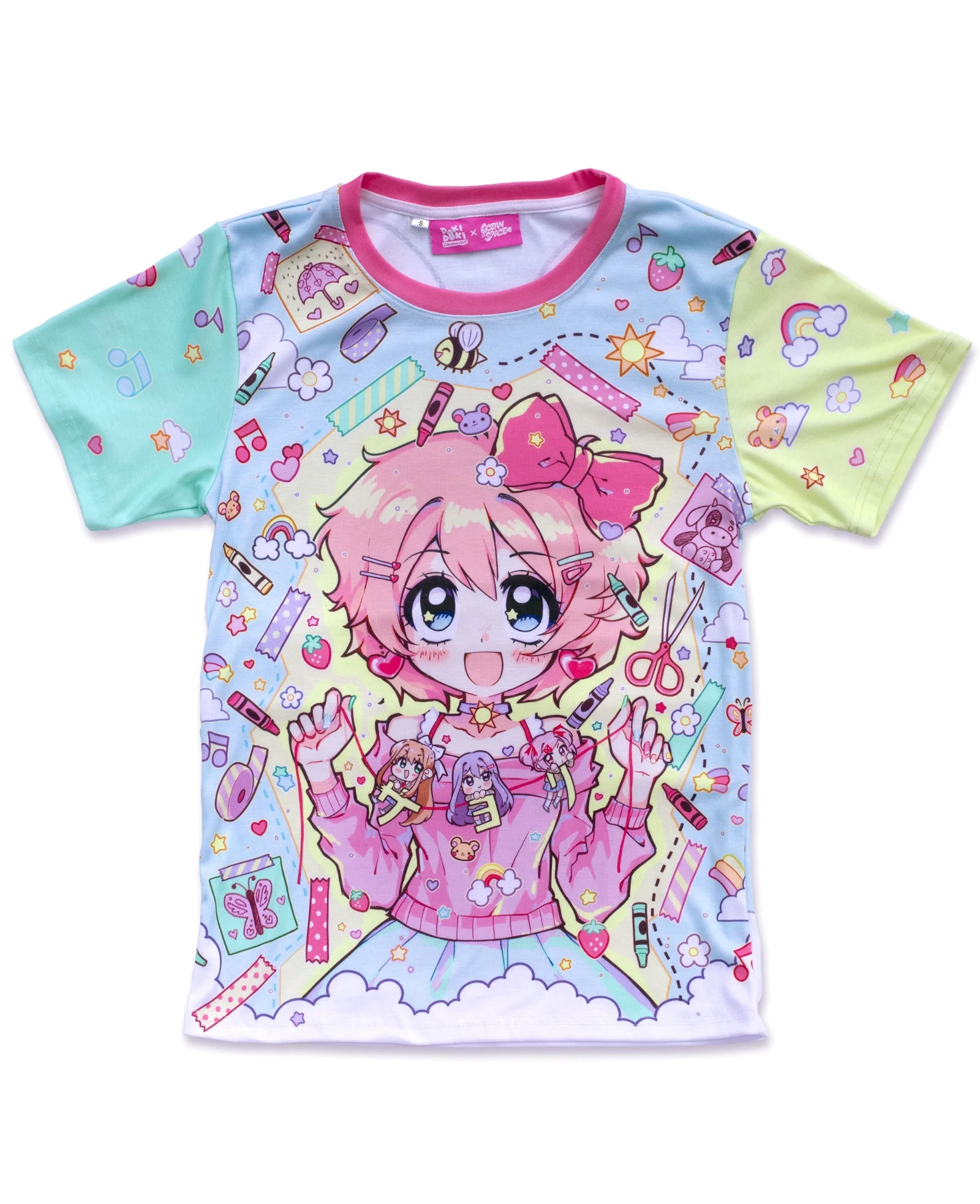 Harajuku Y2K Rosa Schleife Anime-Mädchen T-Shirt mit Vollflächendruck, Waschband, Schere, Stift, Puppe, Asymmetrischer Kontrast-Ärmel für Erwachsene und Kinder – Detail 4