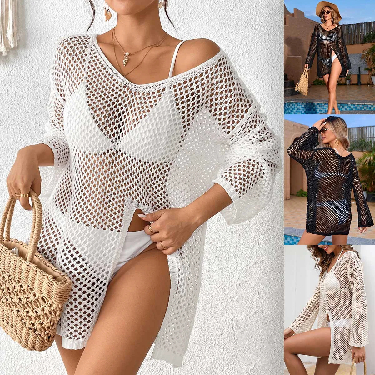 Camisa de punto de playa calada sexy para mujer Vestido de playa de manga larga con cuello en V y abertura alta