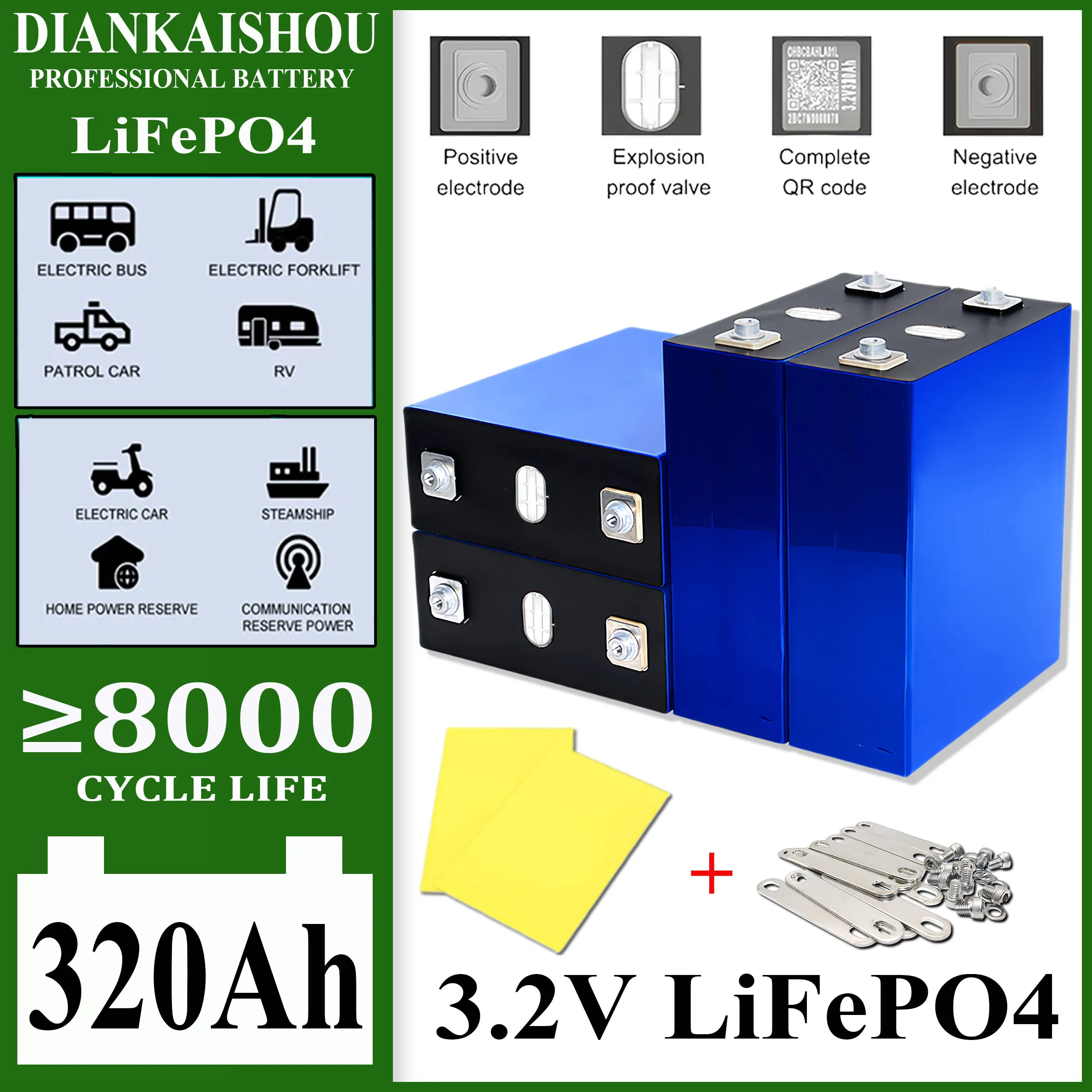 New 8000+ Cycles 3.2V 320Ah LiFePO4 Battery Rechargeable Lithium Iron Phosphate Cell DIY 12V 24V 48V RV EV Golf Cart Grade A