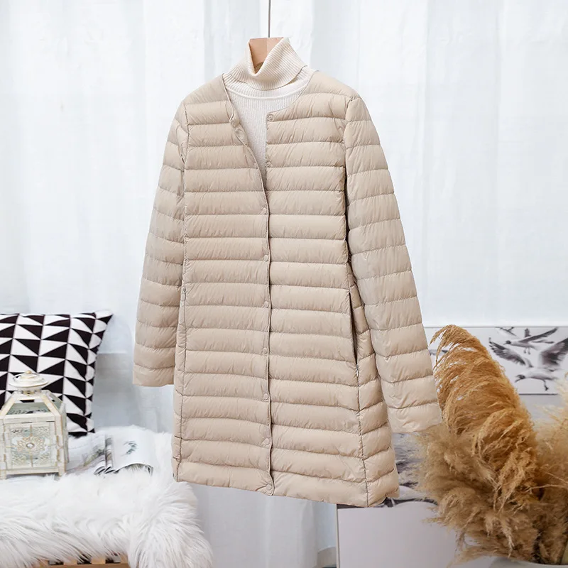 Winter Warm Jacket Lightweight Long Down Jacket Korean Round Neck V-neck Two Change Design Plus Fat Slim Thin Women's Coat