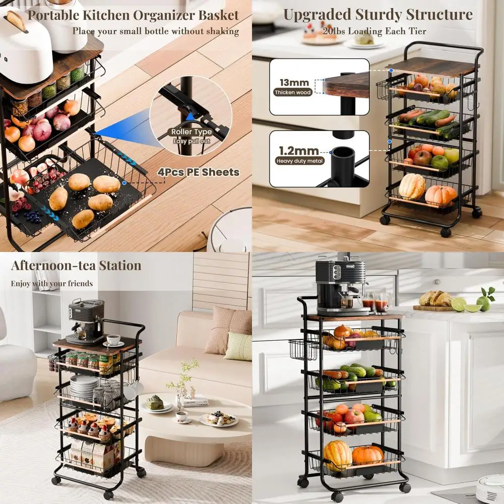 

5-Shelf Rolling Kitchen Storage Cart with Pull-Out Shelves, Wooden Top, for Fruits, Vegetables, Snacks, Black