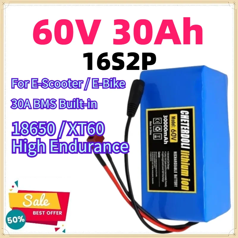 60V 30Ah 16S2P Lithium Battery for E-Scooter 18650 Pack with BMS High Capacity Replacement 60V Electric Bike XT60