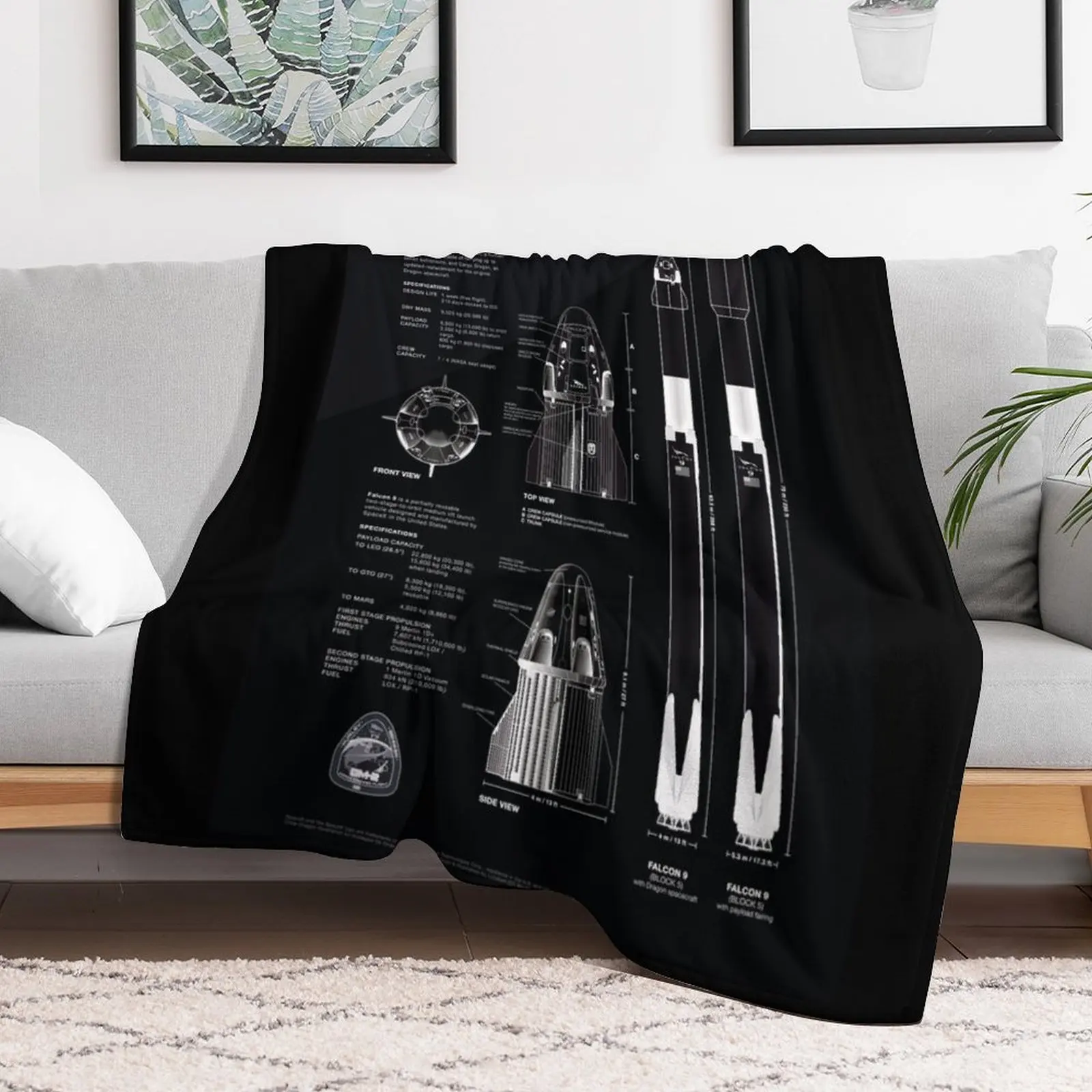 SpaceX Crew Dragon Spacecraft & Falcon 9 Rocket Blueprint in High Resolution (all black) Throw Blanket anime Flannel Blankets