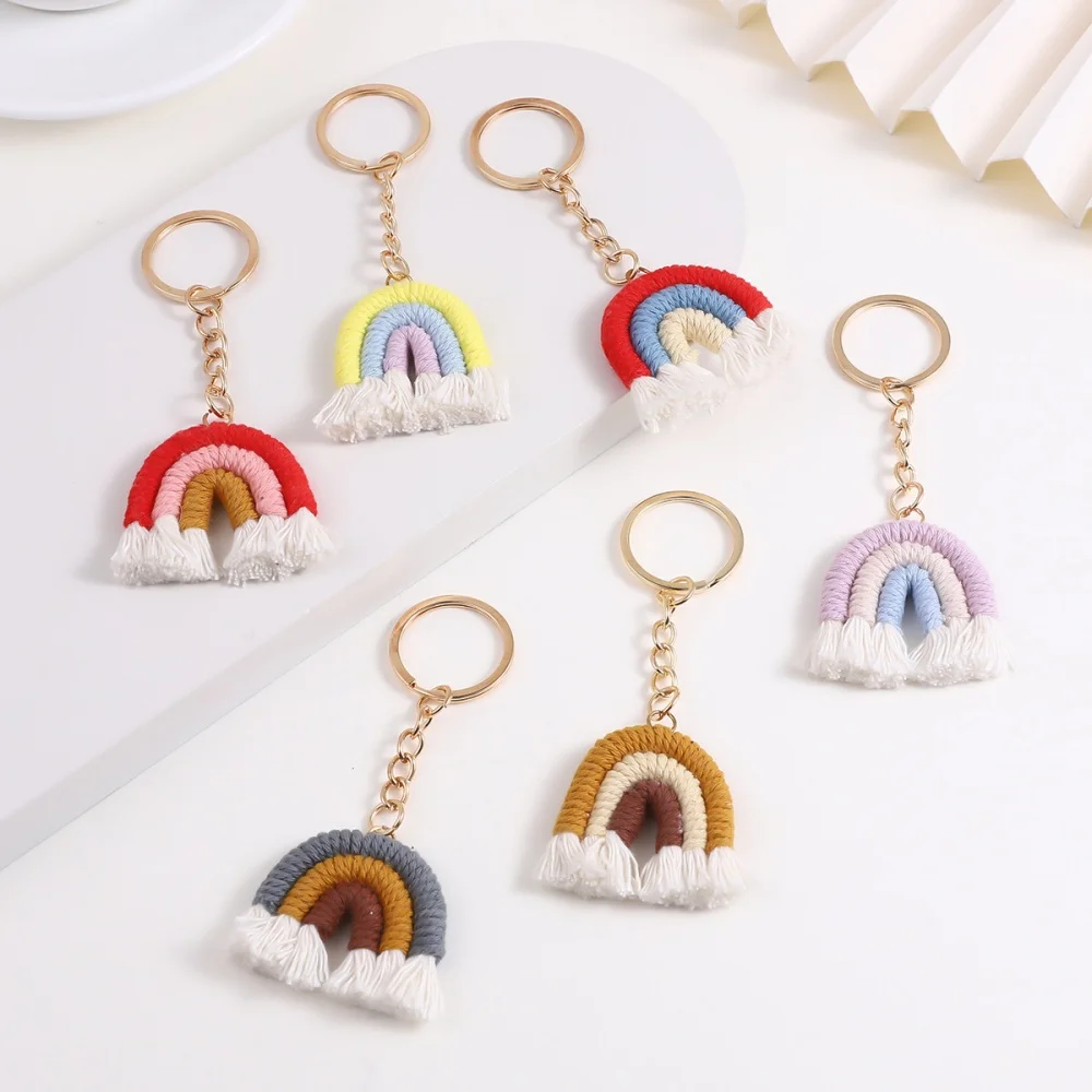1pcs Boho Cotton Rainbow Tassel Keychains For Women Cute Handmade Weaving Car Keyring Holder Bag Wallet Purse Jewelry Accessory