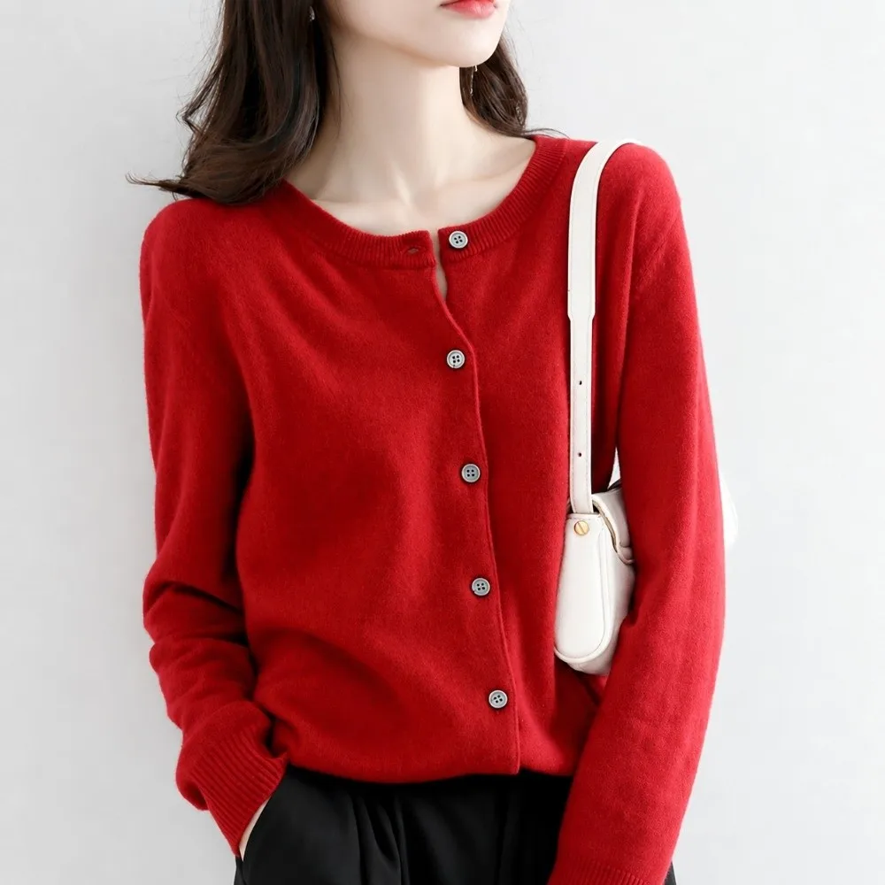 Casual Long Sleeve Knit Cardigan Solid Color O Neck Women Sweater Single Breasted Knit Jacket