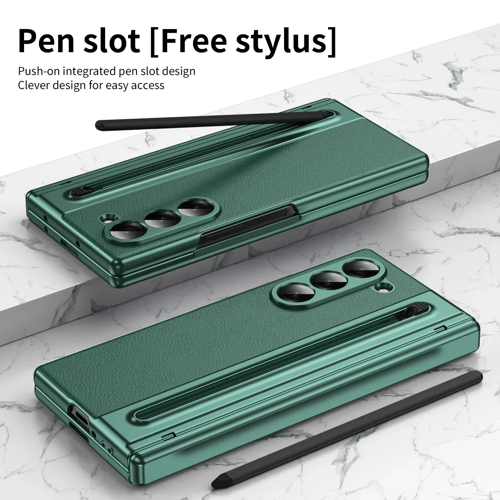 For Samsung Galaxy Z Fold6 5 4 3 Phone Case Elastic Pen Slot With Stylus Shell Film Electroplating Plain Leather Protective Case