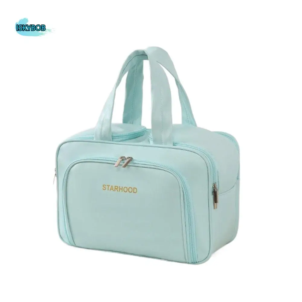 

Portable Large Capacity Travel Toiletry Bag PU Lightweight Makeup Organizer Dual-Zippered Handle Cosmetic Container Bathroom