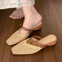 2024 Mesh Summer New Women Slip On Sandals Fashion Cane Weave Ladies Mules Shoes Square Low Heel Outdoor Casual Slipper Mujer