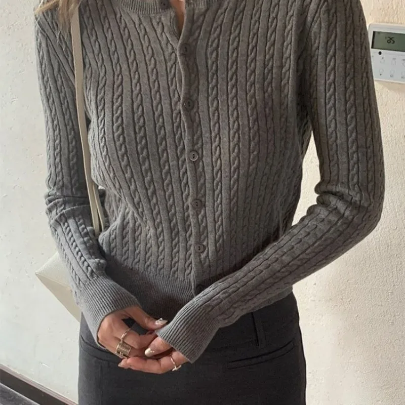 韓国ファッションショートニットセーター女性秋の新ルーズラウンドネックニットカーディガンカジュアル長袖スリムY2kトップス