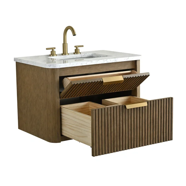 #@Wall-mounted Wooden Stripe Bathroom Vanity Cabinet LED Touch Illuminate Mirror Ceramic Basin Modern Wood Grain Design