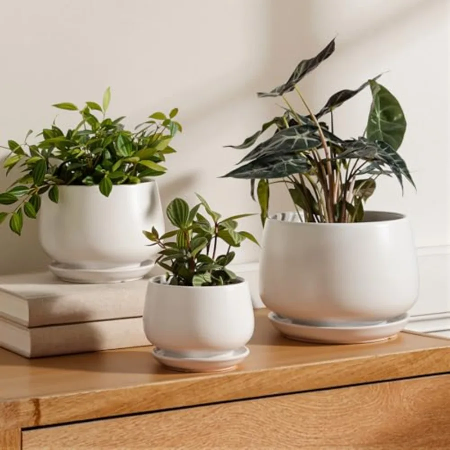 

Ceramic Plant Pots, 4.1+5.1+6.5 inch, Set of 3, Planters with Drainage Hole and Saucer, Indoor Flower Pot with Hole Mesh Pad, G
