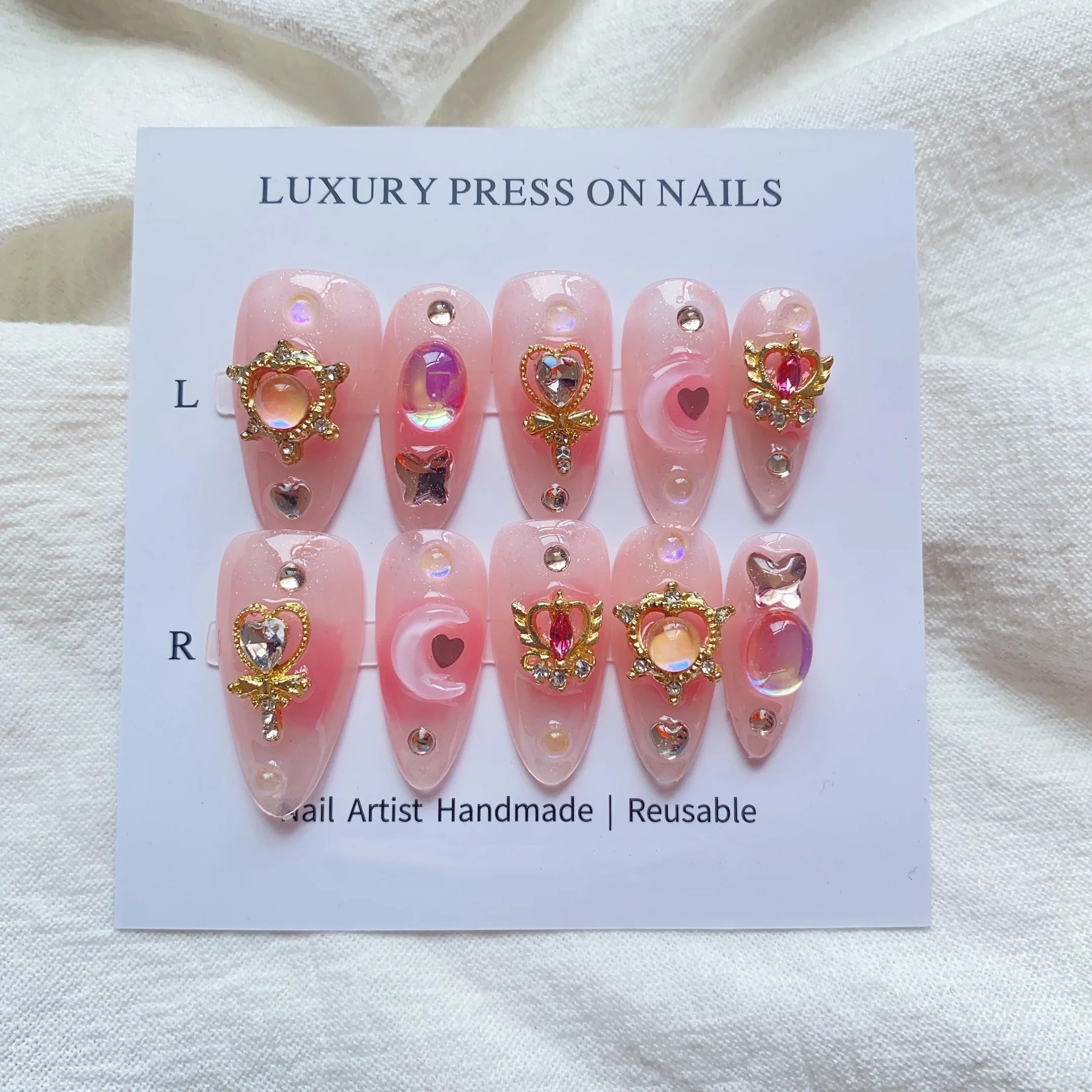 10pcs High-end hand-painted Angel Wings pretty maiden handmade fake nails, Pure Wind Beauty Girl can remove and reuse fake nails