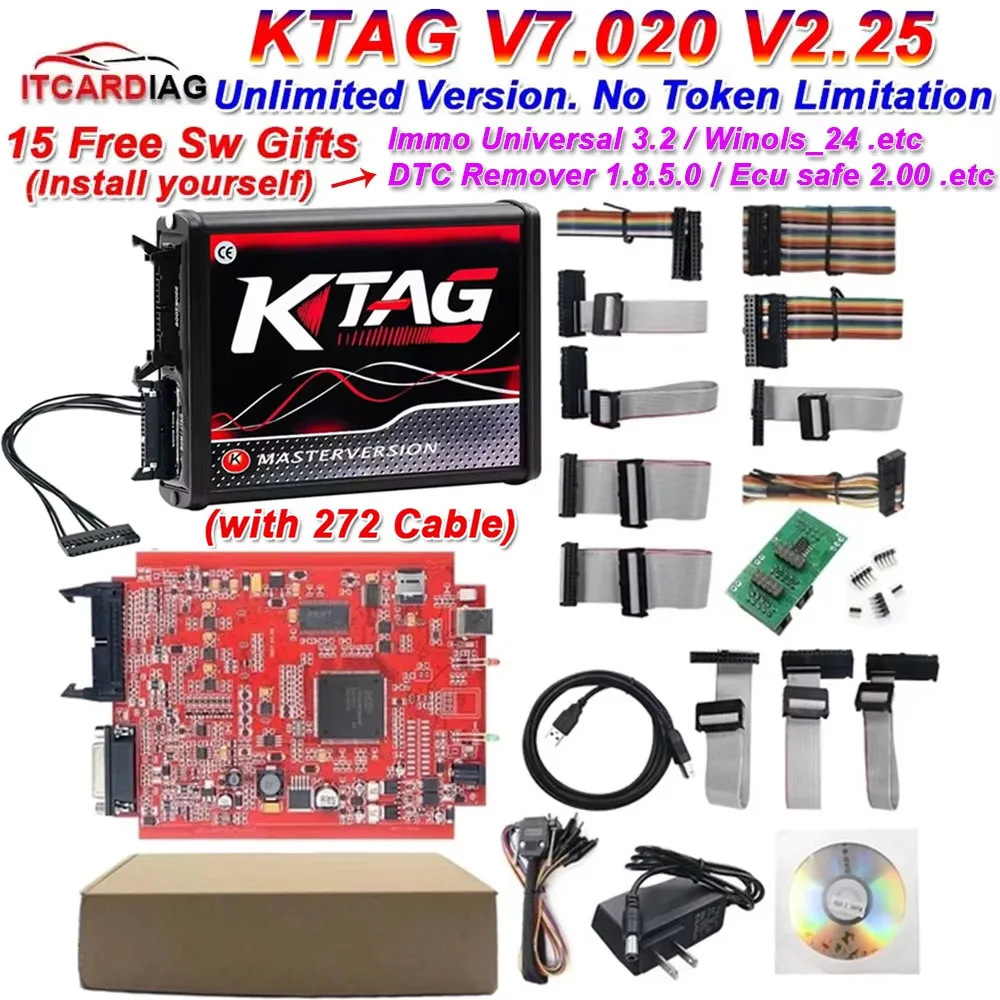 Ktag ecu Programmer 2024 KTAG V7.020 V2.25 Red PCB Red European Unlimited Points Networkable Online With New Ktag 272 ECU Cable