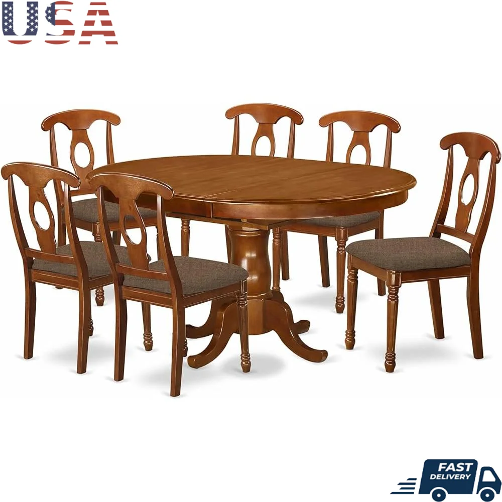 7 Piece Dining Table Set Oval Wooden Table Butterfly Leaf 6 Linen Chairs Comfortable Kitchen Furniture