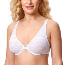 Sujetador de encaje con cierre frontal de talla grande para mujer, malla transparente Sexy, cobertura completa, sin forro, con aros