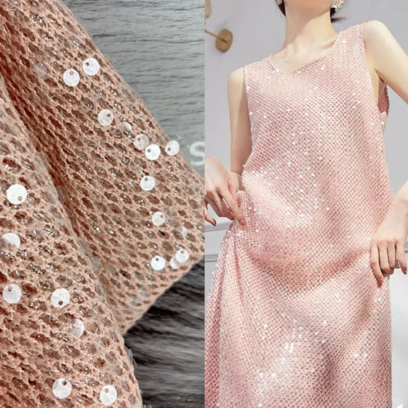 125cm Wide 5mm Sequin Embroidered Cutout Fishnet Fabric Transparent Piece Beads Women's Dress Wedding Dress Double Mesh Fabric