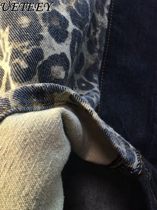 Europejskie Jeansy Damskie na Jesień 2025, Nowe, Wyszczuplające, z Wysokim Stanem, Blokowe Kolory, Panterka, Proste Nogawki, Długie Spodnie