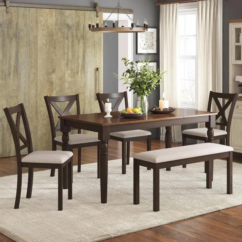 

6-Piece armhouse Dining Table Set or 6-7, 60" Solid Wood Kitchen Table and Chairs, 1 Dining Table, 4 Upholstered Chairs and 1 Be
