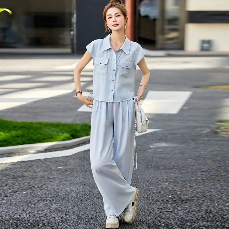 

Blouse and Women's Pants Two Piece Set Korean Style New in Matching Groups Luxury Clothing Sales Full Baggy Shirt Ladies Trouser
