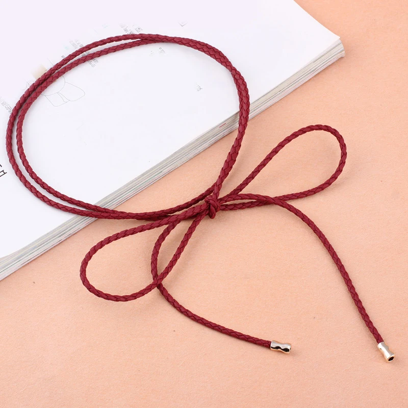 

Hand-knit Woven Ultra-thin Belt Knotted Straps Braided Belt Waist Chain PU Leather Women Waist Rope Solid Color Fashion Hot