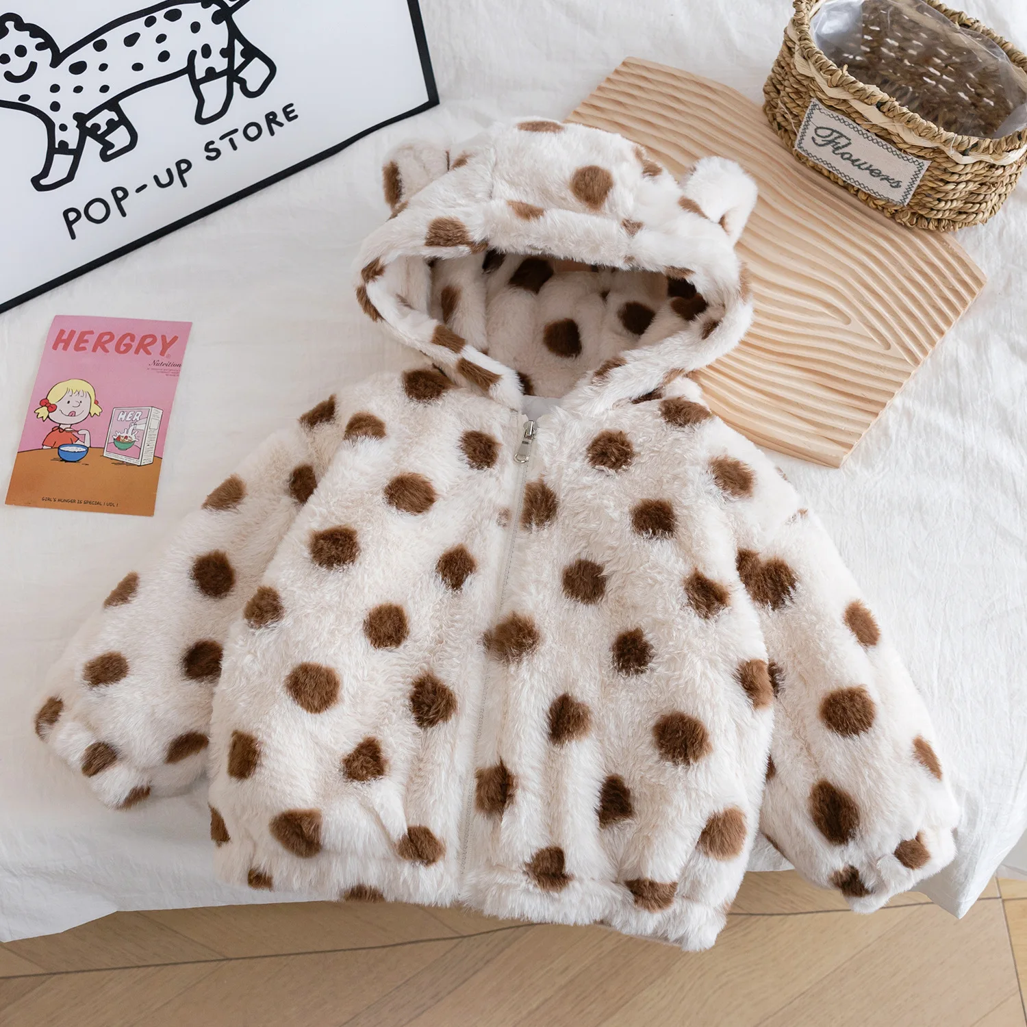 

Kids Baby Girls Parkas New Winter Polka Dots Plus Fleece Toddler Girls Hooded Fur Jacket Casual Infant Girls Outerwear Coat