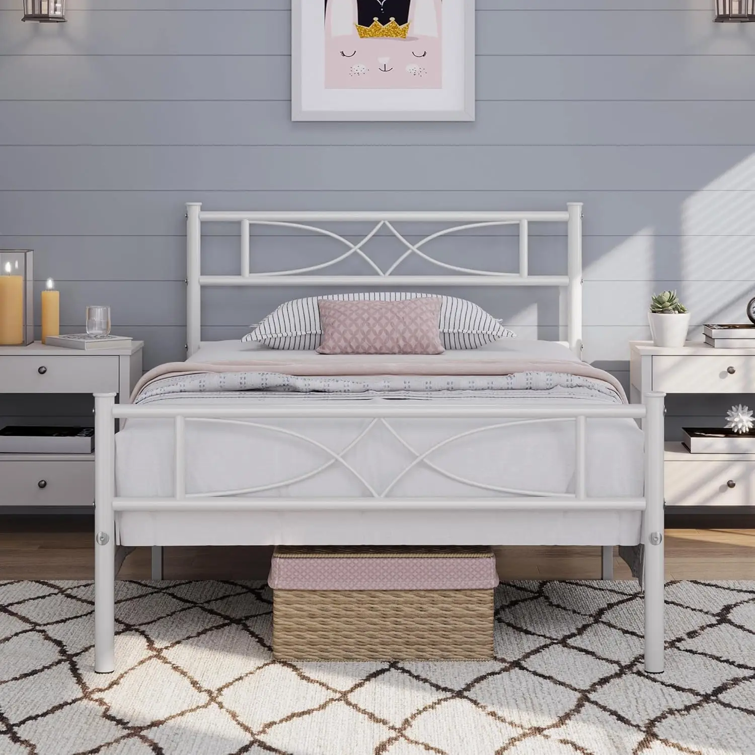 

Metal twin bed frame, mattress foundation with curved headboard and footrest, easy to assemble, twin beds, white