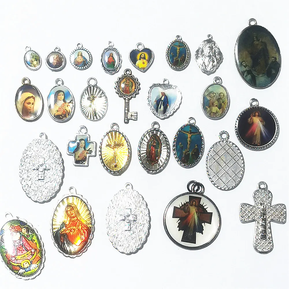 

20Style Catholic Religious Church Medals Saints Pendants Crosses Findings Wholesale Cross Crafts Resin Silver Enamel Charms