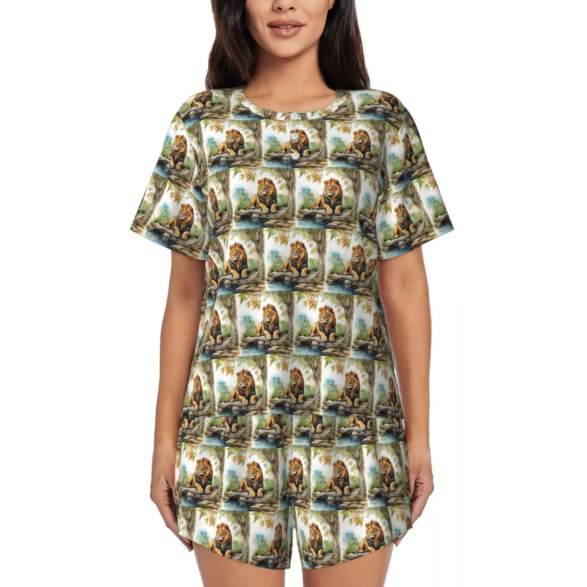 

Ночные рубашки с круглым вырезом и короткими рукавами с изображением льва в лесу, женские мягкие пижамные комплекты с короткими штанами