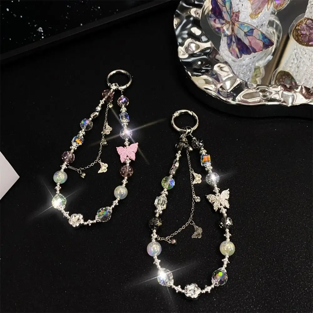 

Glitter Crystal Beaded Butterfly Phone Chain Detachable Transparent Wrist Crystal Chain Colorful Phone Lanyard for Women Girls