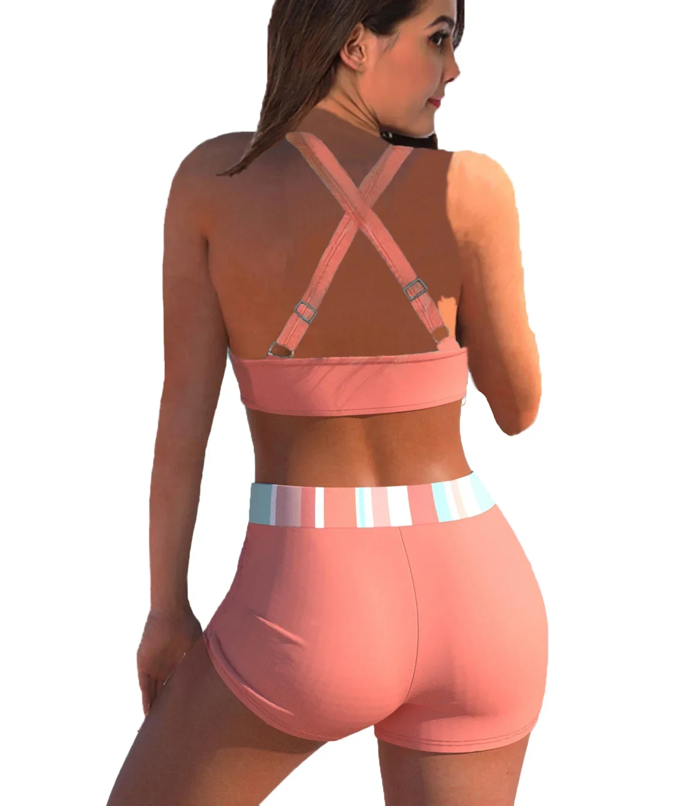 Summer Vacation Women's Design Cross Strap Backless Swimsuit Two Piece Patchwork Printed Top Swimsuit S-6XL