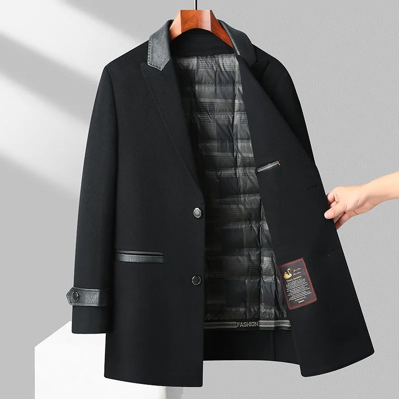 TOP 2024 Autumn Winter Woolen Coat Business Casual Thick Warm Wool Jacket Leather Collar & Goose Down Inner Windbreaker Overcoat