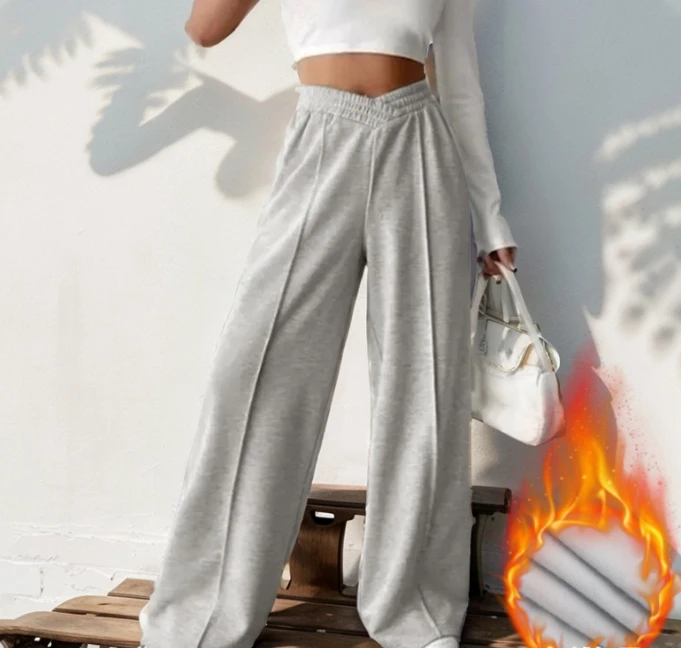 Women's Pants Velvet Casual Elastic V-Shaped High Waisted Spliced Wide Leg Pants for Casual Sports Simple Loose Wide Leg Pants