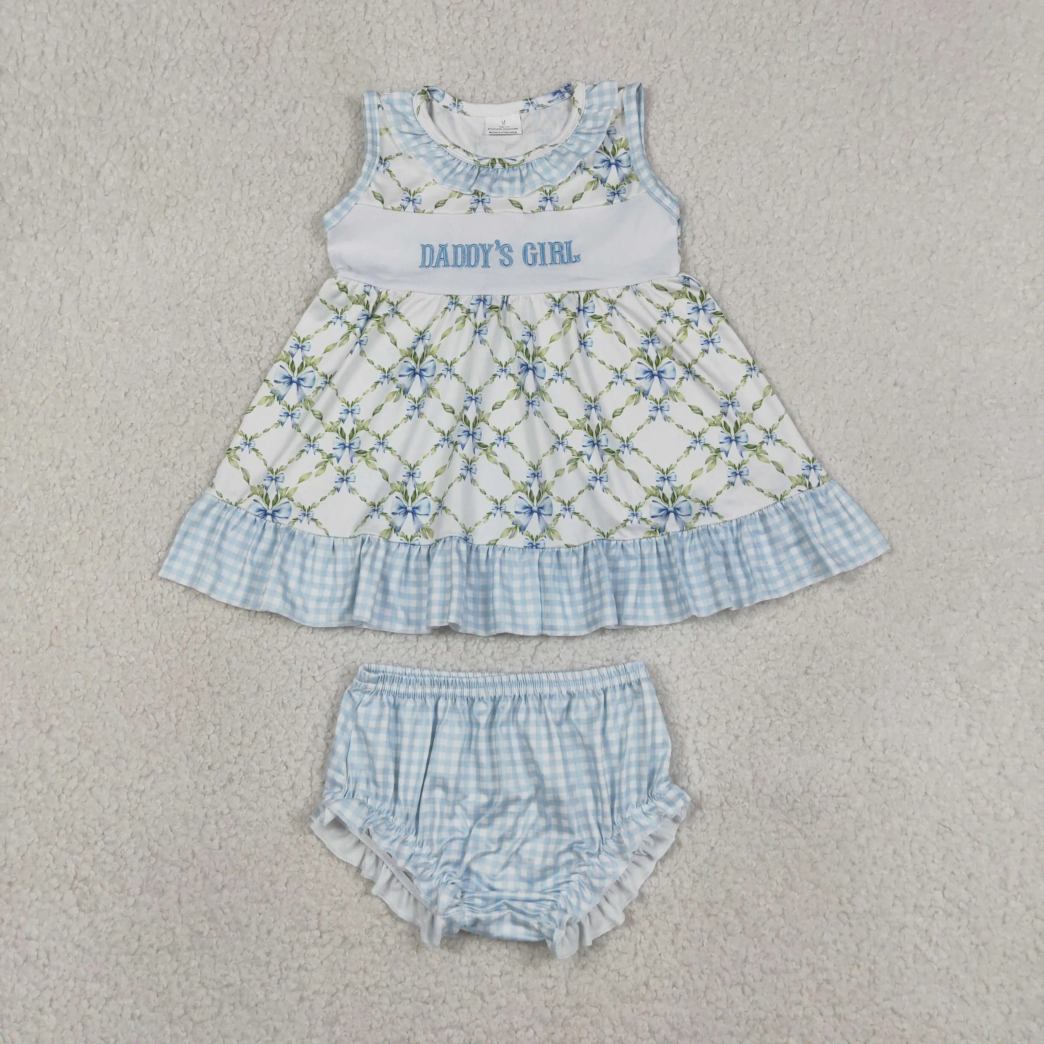 Wholesale Infant Baby Girl Embroidery Outfit Toddler Kids Bows Ruffle Tunic Set Blue Plaid Bummie Shorts Children Clothing