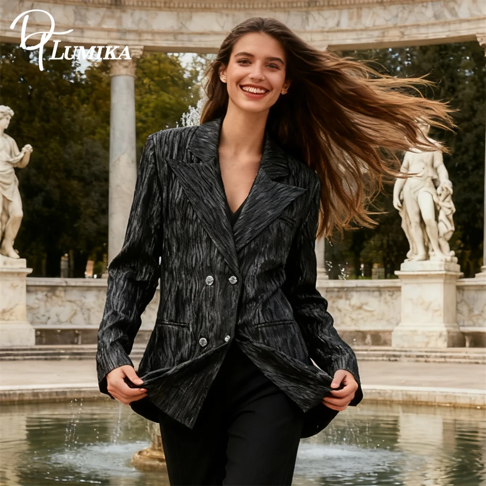 سترة بدلة DTLumika العصرية ذات الطيات المزدوجة الصدر للنساء لخريف 2025 سترة بدلة طويلة جديدة بدلة نسائية عصرية