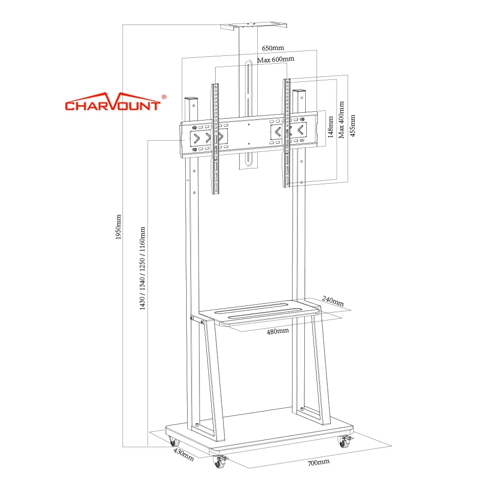 Charmount Height Adjustable Mobile TV trolley Rolling Floor Portable TV Stand Mount for LED TV Screen 60