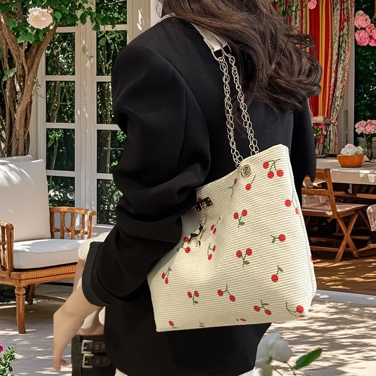 

Corduroy Tote Bag for Women Cute Cherry Print Handbag Purse Lightweight Shoulder Bag