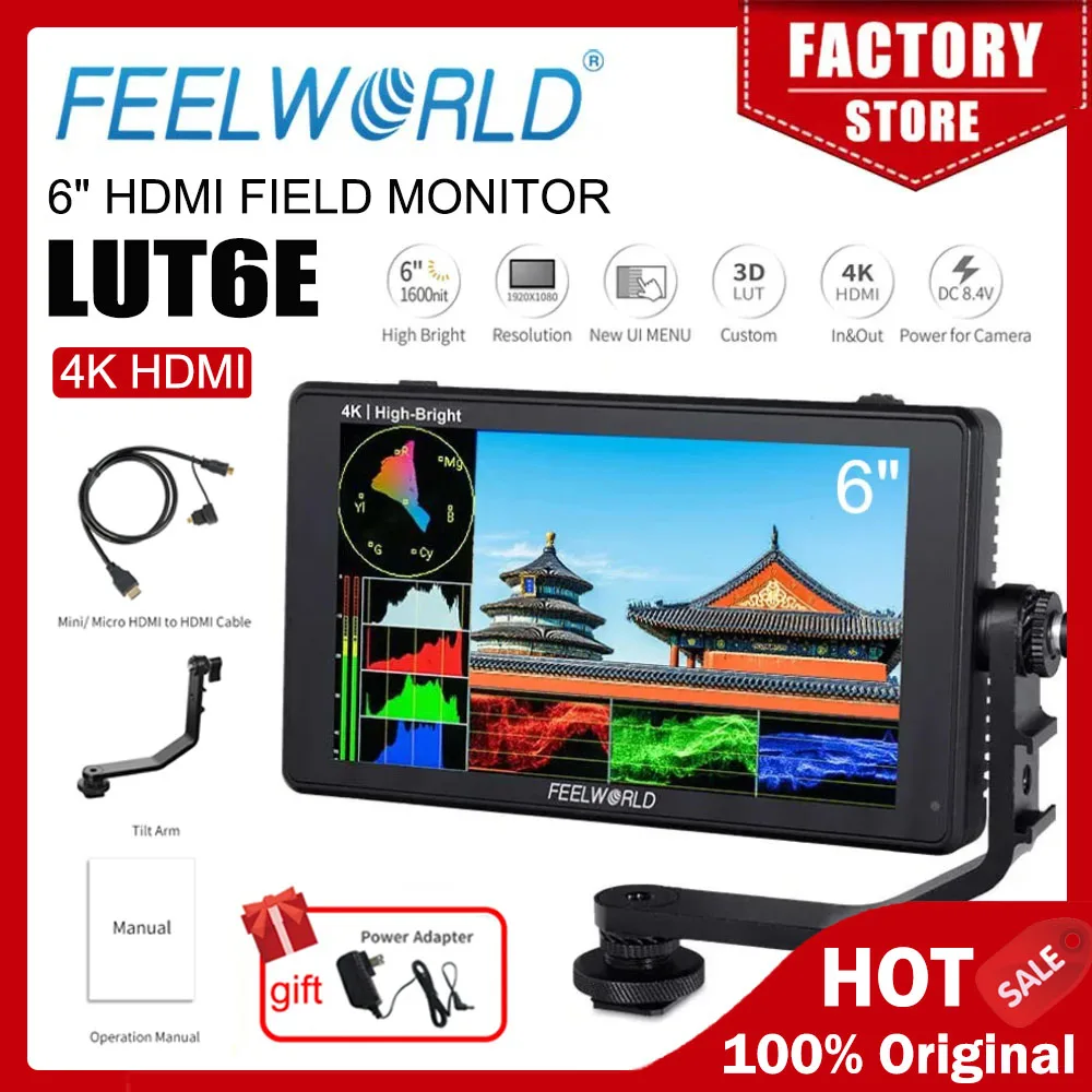 FEELWORLD LUT6E 6 Inch HDMI-Compatibled Camera Field Monitor Full HD1920x1080 1600nit Ultra Bright IPS Touch Screen 3D LUT