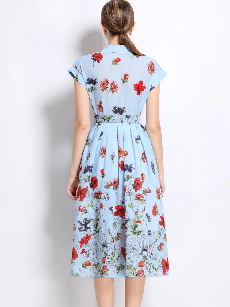 รันเวย์ Designer ดอกไม้พิมพ์เสื้อแขนสั้นชุดผู้หญิงฤดูร้อนแฟชั่นเดี่ยวลําลองเข็มขัด Party Dresses หญิง