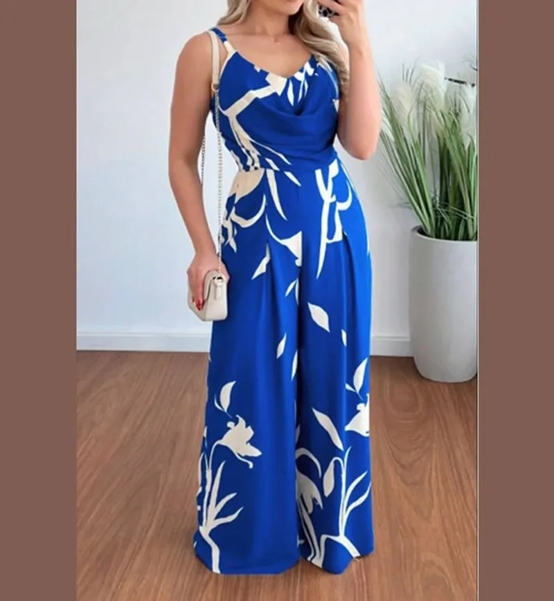 

New Elegant High Waist Long Jumpsuit Office Fashion One Shoulder Pleat Pant One Piece Women Summer V-Neck Slim Party Romper