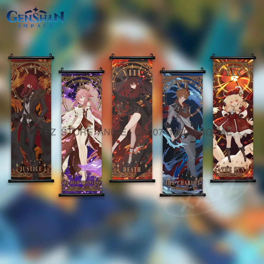 Genshin Impact Scrolls Pictures Anime Poster Home Decor Wall Art Kamizato Ayaka Zhongli Canvas Hanging Painting Living Room Gift