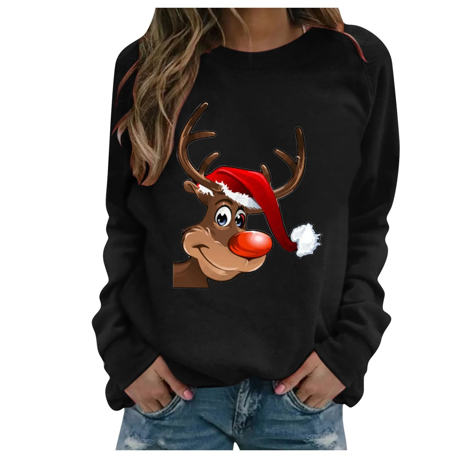 Kaus wanita motif seri natal Fashion Pullover wanita leher bulat lengan panjang kartun Sweatshirt atasan kasual Harajuku