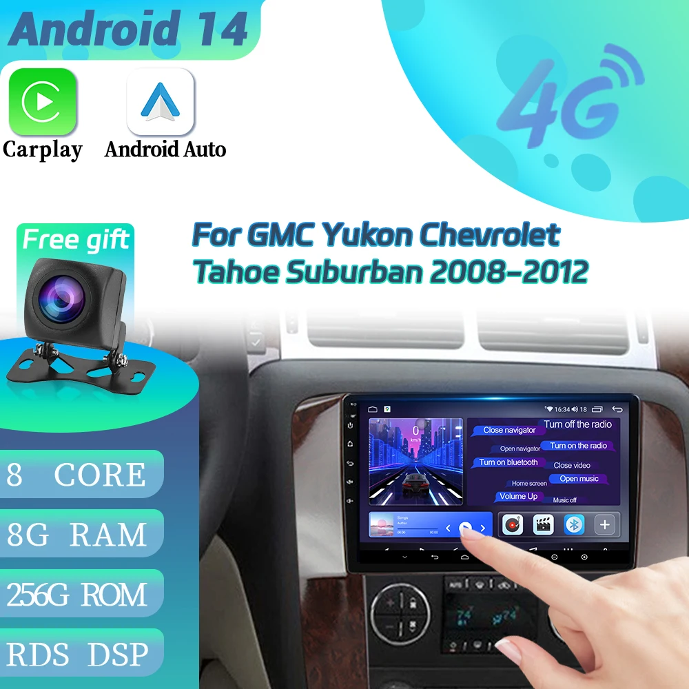 For GMC Yukon Chevrolet Tahoe Suburban 2008-2012 Android 14 Car Radio 4G GPS Wireless Bluetooth Carplay Multimedia Touch Screen