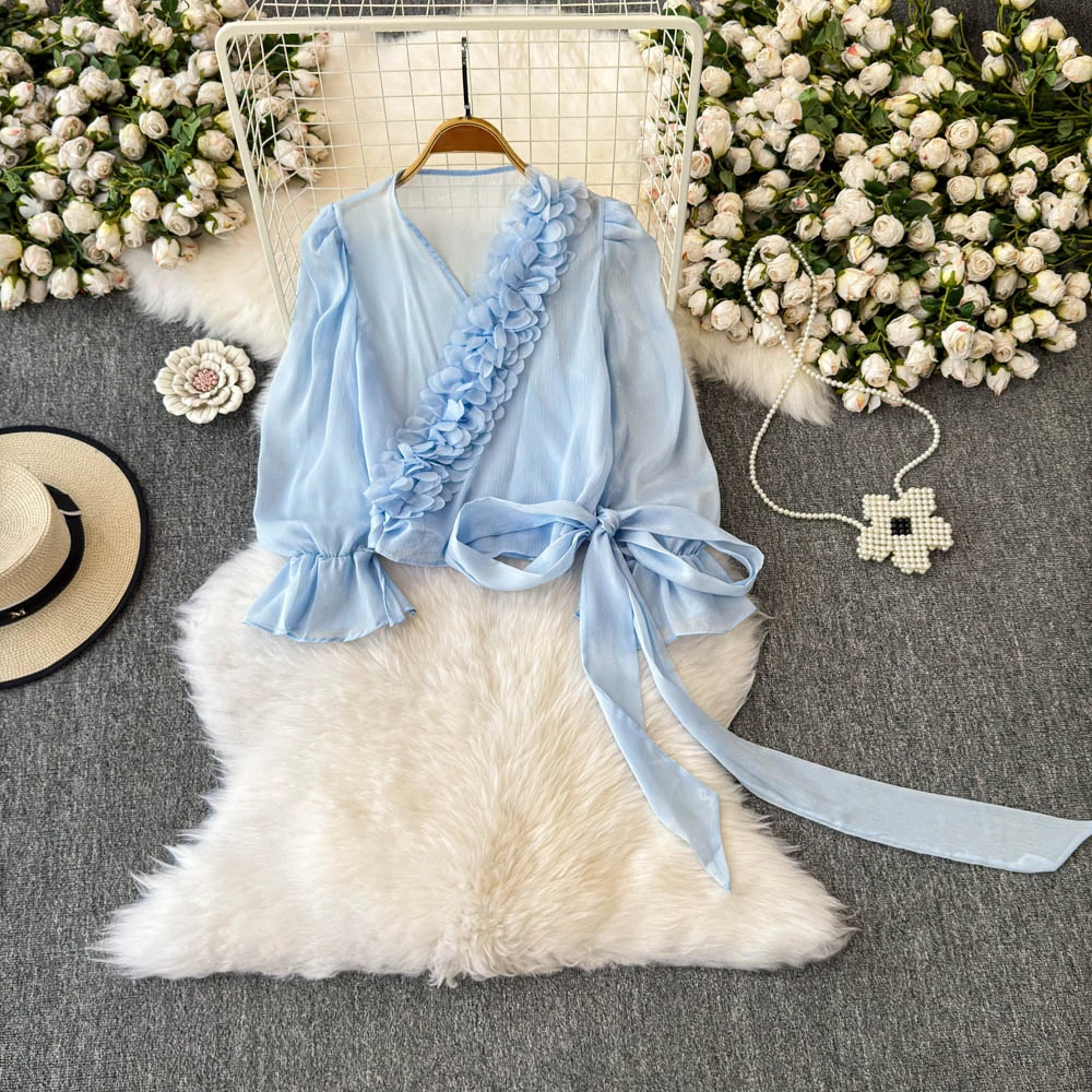 

French Style Chiffon Blouses Women Spring Summer Temperament Three Dimensional Petal Appliques V-neck Loose Shirt Versatile Tops