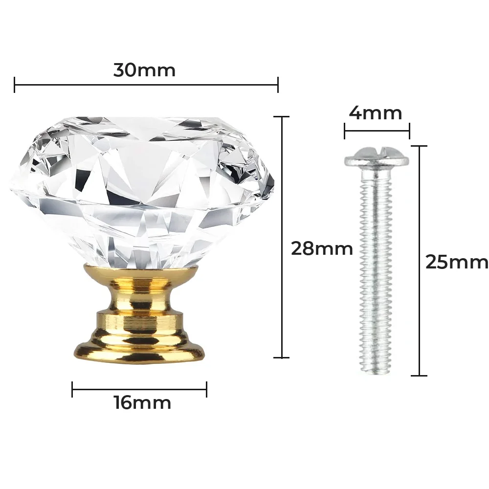 Diamond-Shaped cristal vidro botões, alças para gavetas, armários de cozinha, portas do armário, 30mm, 20 PCs/Set