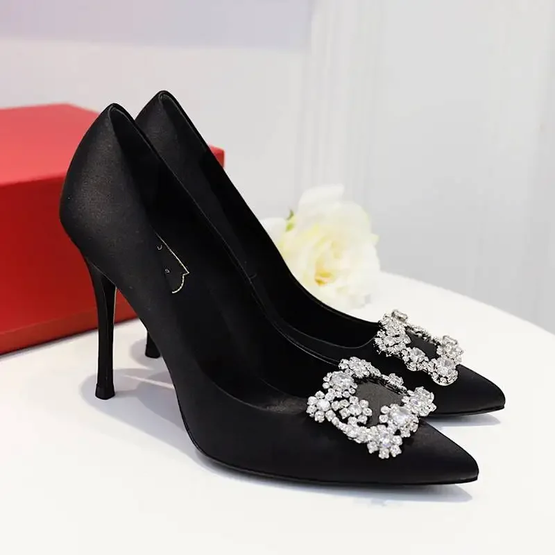 Luxury Rhinestone Pointed Toe Women Pumps Elegant Crystal Wedding Bridal Shoes Satin Silk Square Button Design Mules High Heels