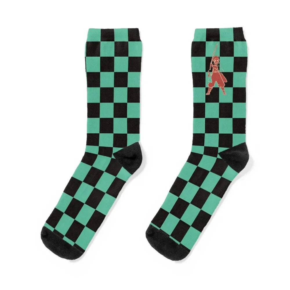 

Tanjiro fiery Line Art transparent jacket on Green and Black Checkerboard Pattern Socks funny sock tennis Socks Man Women's